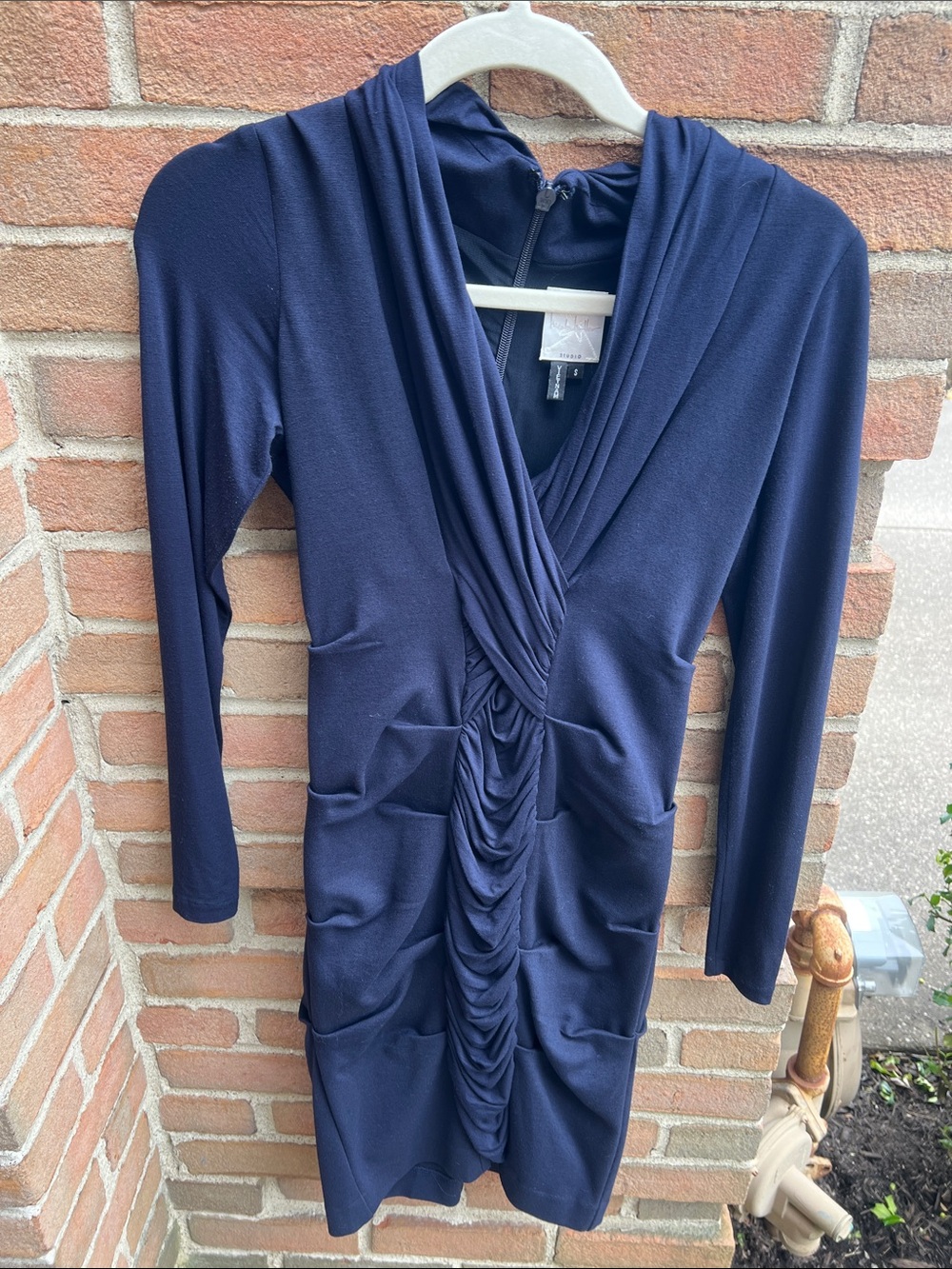 Nicole Miller Navy Long-Sleeve Ruched V-Neck Dress
